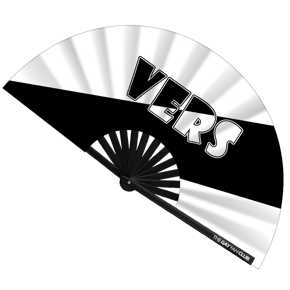 Oversized Black Bamboo Clack Fan with Bold White "VERS" Text for LGBTQ+ Nightlife and Festivals
