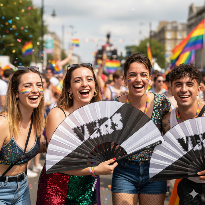 Oversized Black Bamboo Clack Fan with Bold White "VERS" Text for LGBTQ+ Nightlife and Festivals