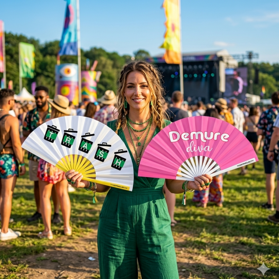 Woman at a festival holding fans with branding in a lively outdoor setting