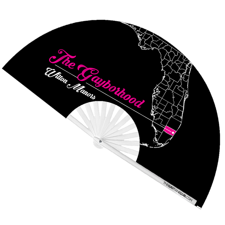 Oversized Black Bamboo Wilton Manors Fan with Florida Map Design