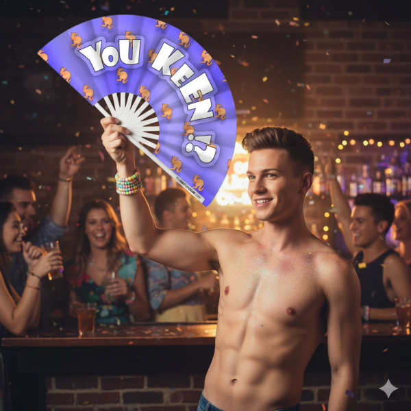 an attractive australian guy holding a purple hand fan with kangaroos with the text You Keen on it from The Gay Fan Club
