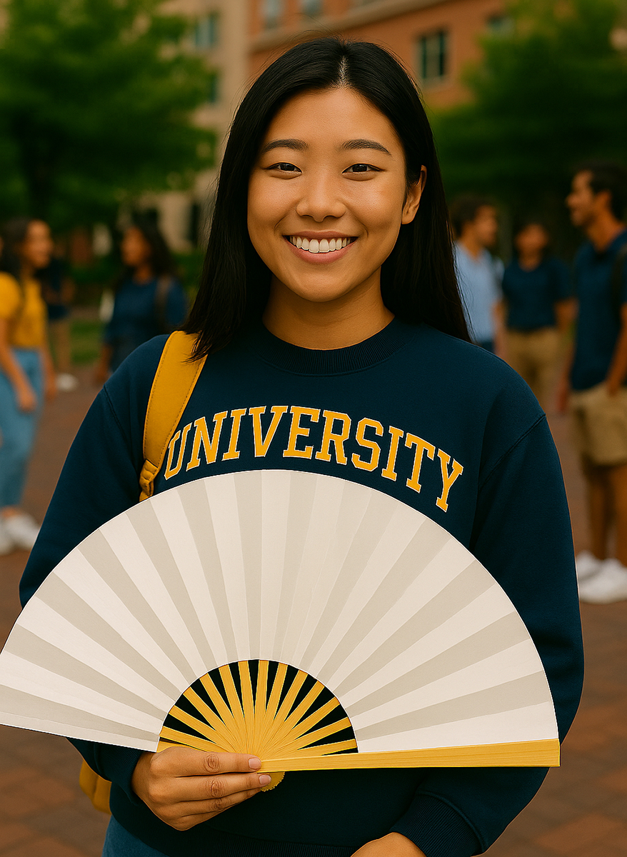 Person wearing a navy blue sweatshirt with 'UNIVERSITY' in yellow, holding a white and gold fan, with a blurred background of people and buildings.