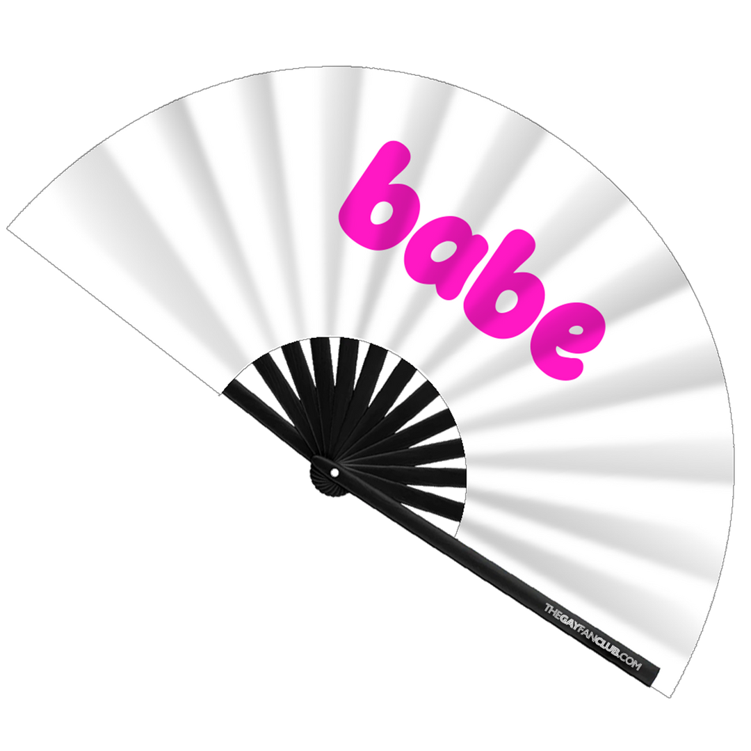 Oversized White Bamboo Clack Fan with "Babe" text for Raves and Pride