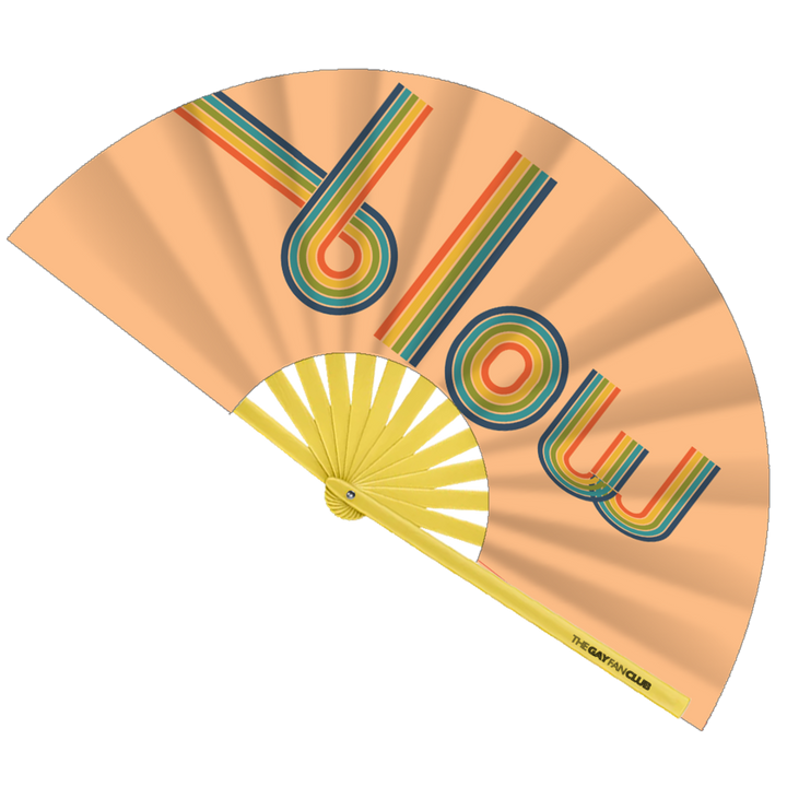 "Blow” Fan fully open showing vintage rainbow “Blow” text on a peac nylon background and natural bamboo handle