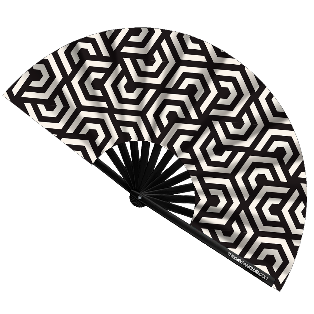 "Dimension" Geometric Optical Illusion Oversized Clack Fan (Black and White)