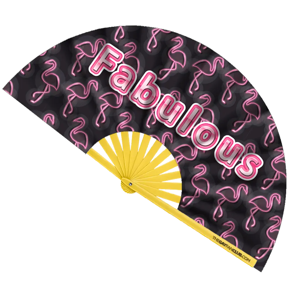 Fabulous Flamingo Fan fully open showing vibrant pink flamingos and tropical leaves.
