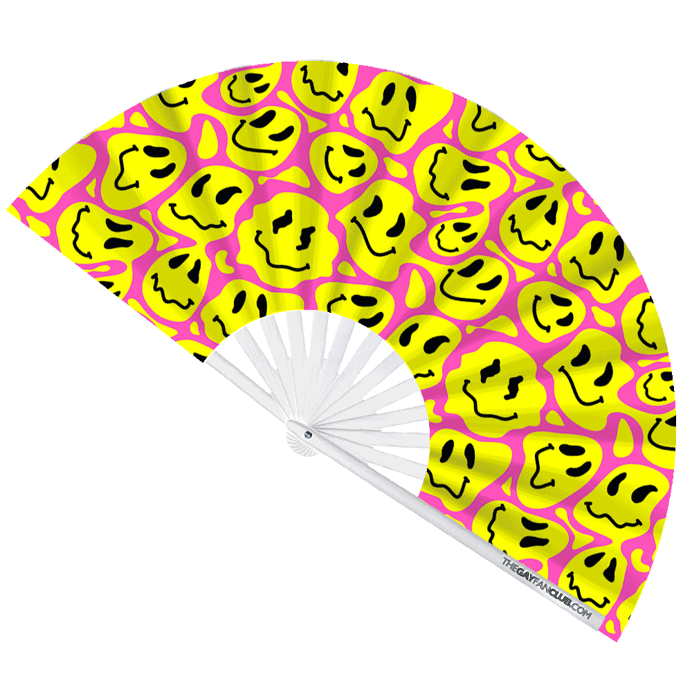 "FEELS" UV-Reactive Smiley Face Oversized Clack Fan (Neon Pink)