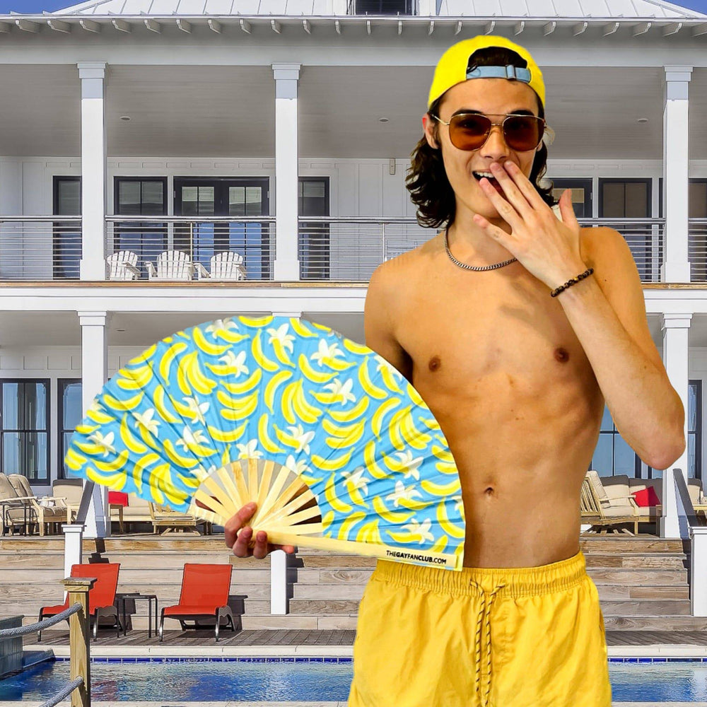 Oversized Blue and Yellow Banana Bamboo Clack Fan for Pool Parties, Pride & Drag