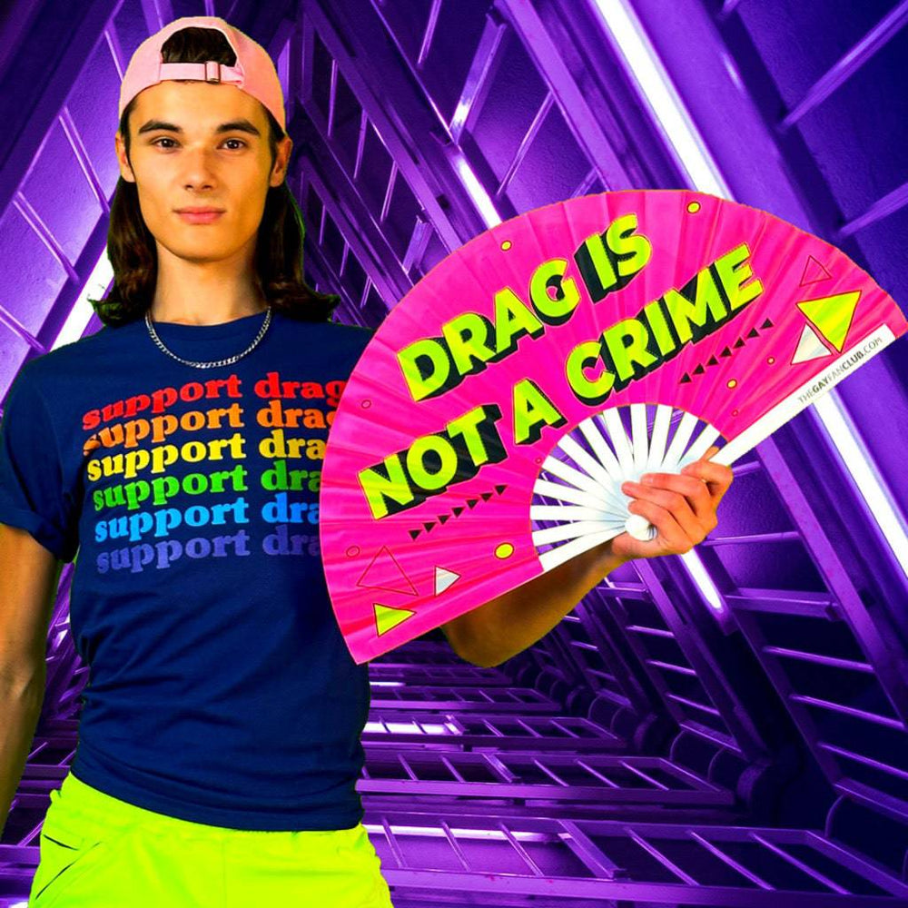 Drag Is Not A Crime Fan (UV) - Pink Drag Fan at The Gay Fan Club® 