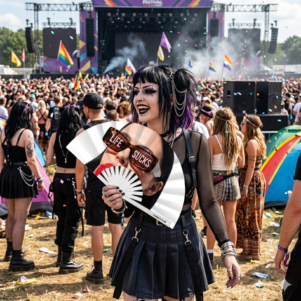 A person at a festival snapping the Life Sucks Fan open to create a loud clack while serving a sassy expression.