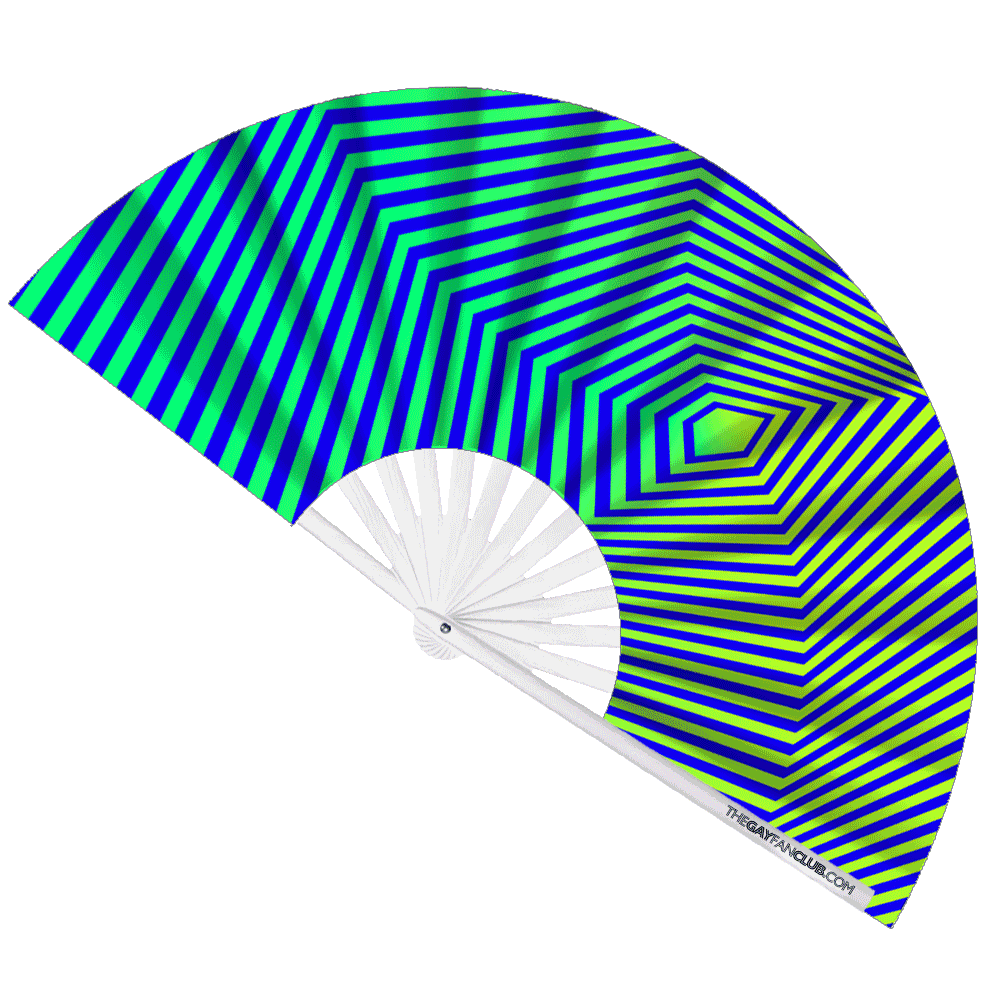 Oversized UV-Reactive Geometric Rave Fan with Electric Green and Deep Blue Stripes