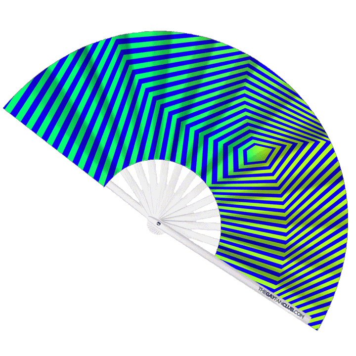 Oversized UV-Reactive Geometric Rave Fan with Electric Green and Deep Blue Stripes