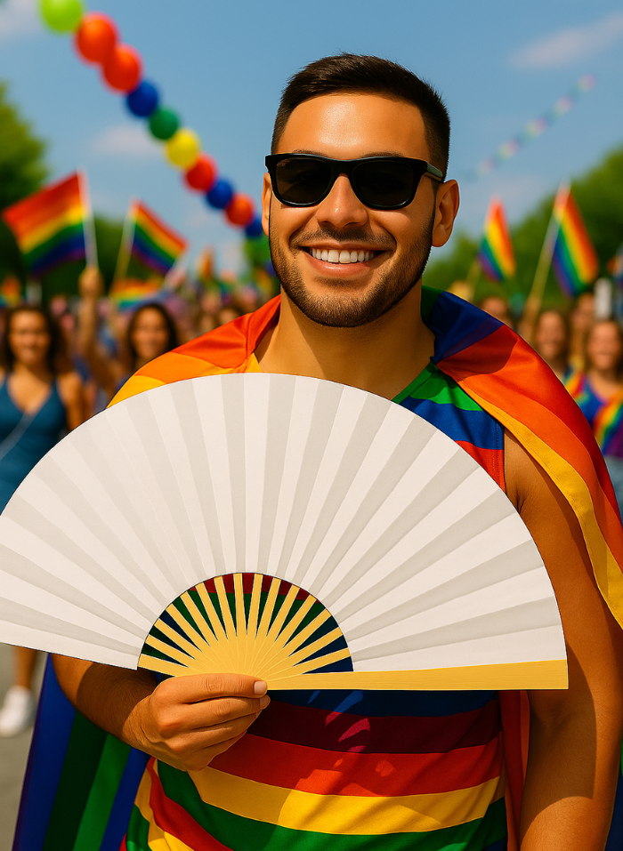 Man holding a custom fan with a colorful design, surrounded by people holding rainbow flags in a celebratory setting.