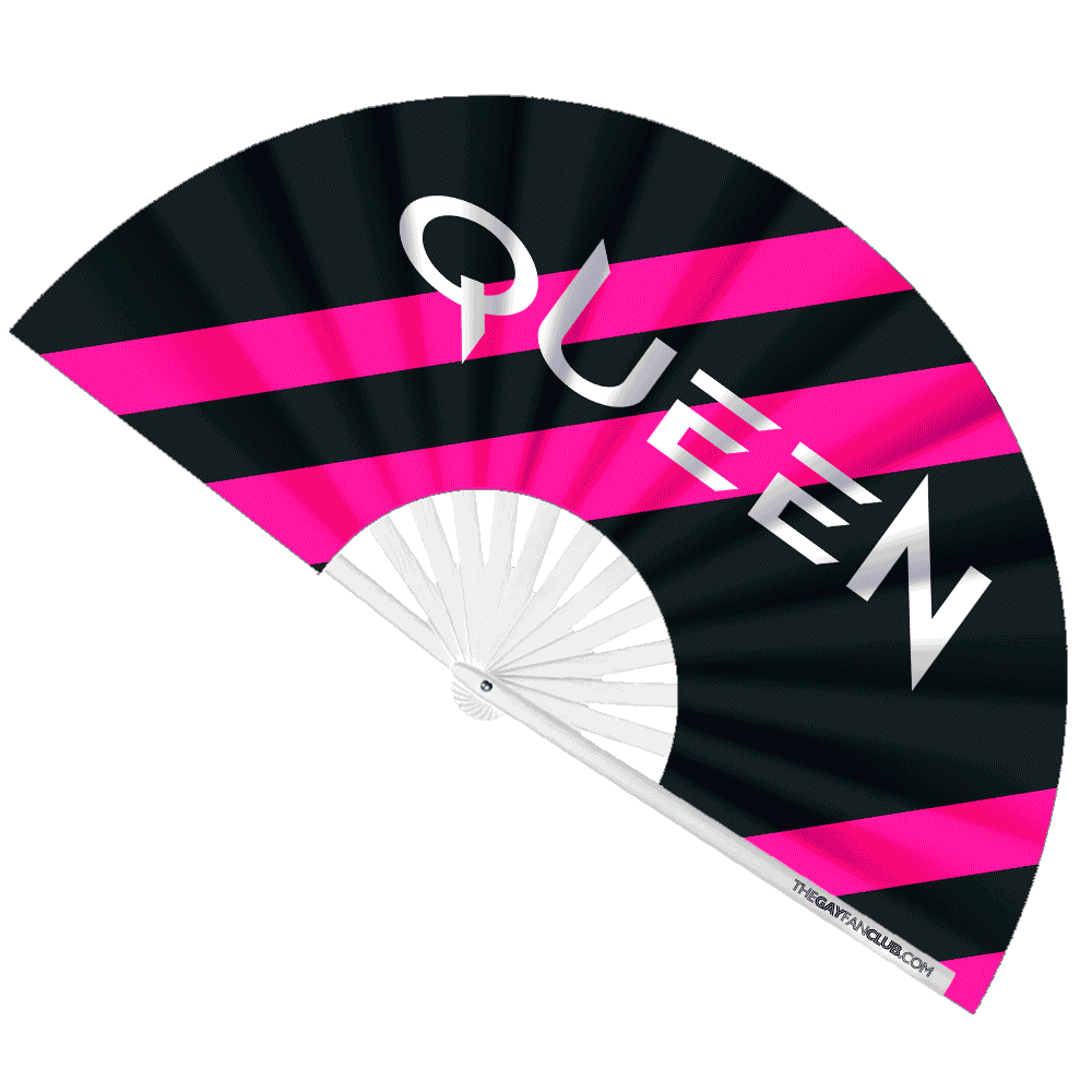 Oversized Black and Fluorescent Pink "Queen" Bamboo Clack Fan with UV-Reactive Ink for Raves
