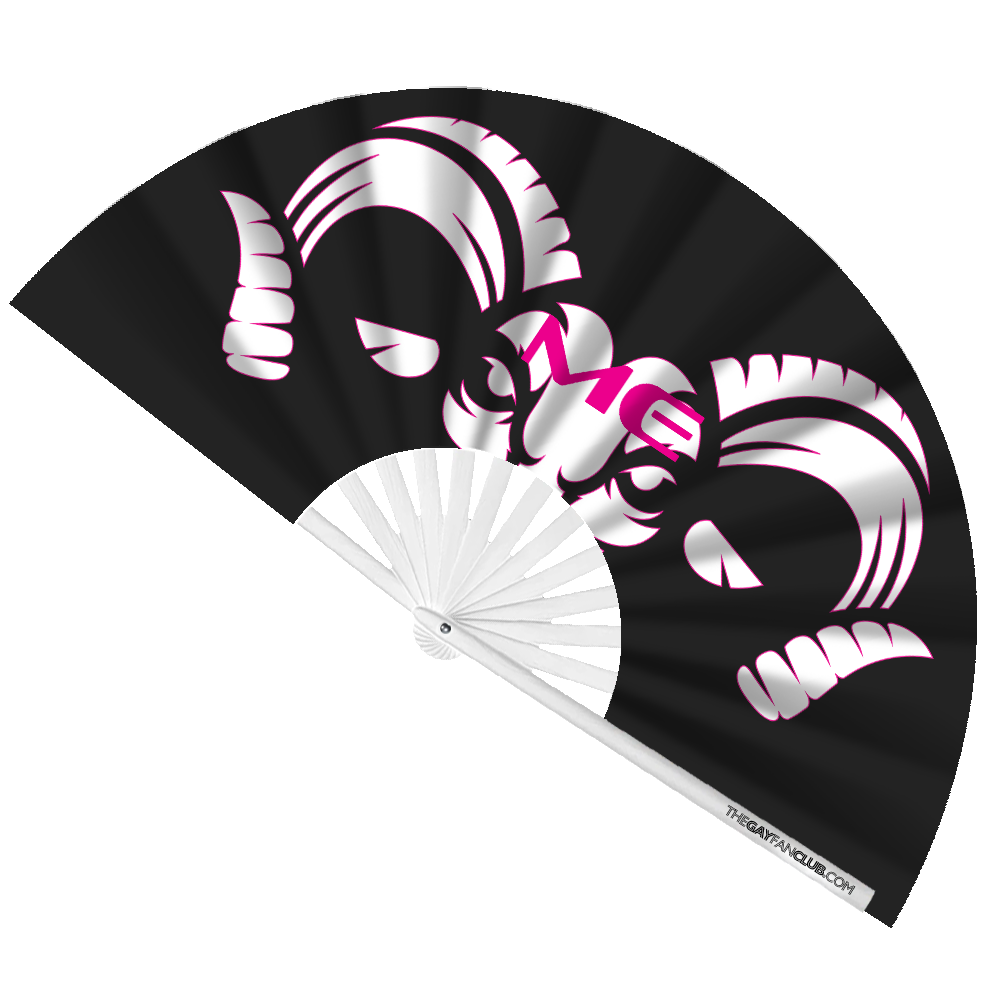 Oversized Black and White "Ram Me" Bamboo Clack Fan with UV-Reactive Text for Circuit Parties