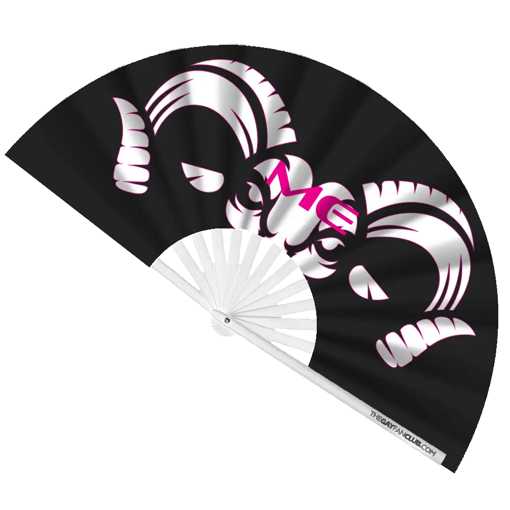Oversized Black and White "Ram Me" Bamboo Clack Fan with UV-Reactive Text for Circuit Parties
