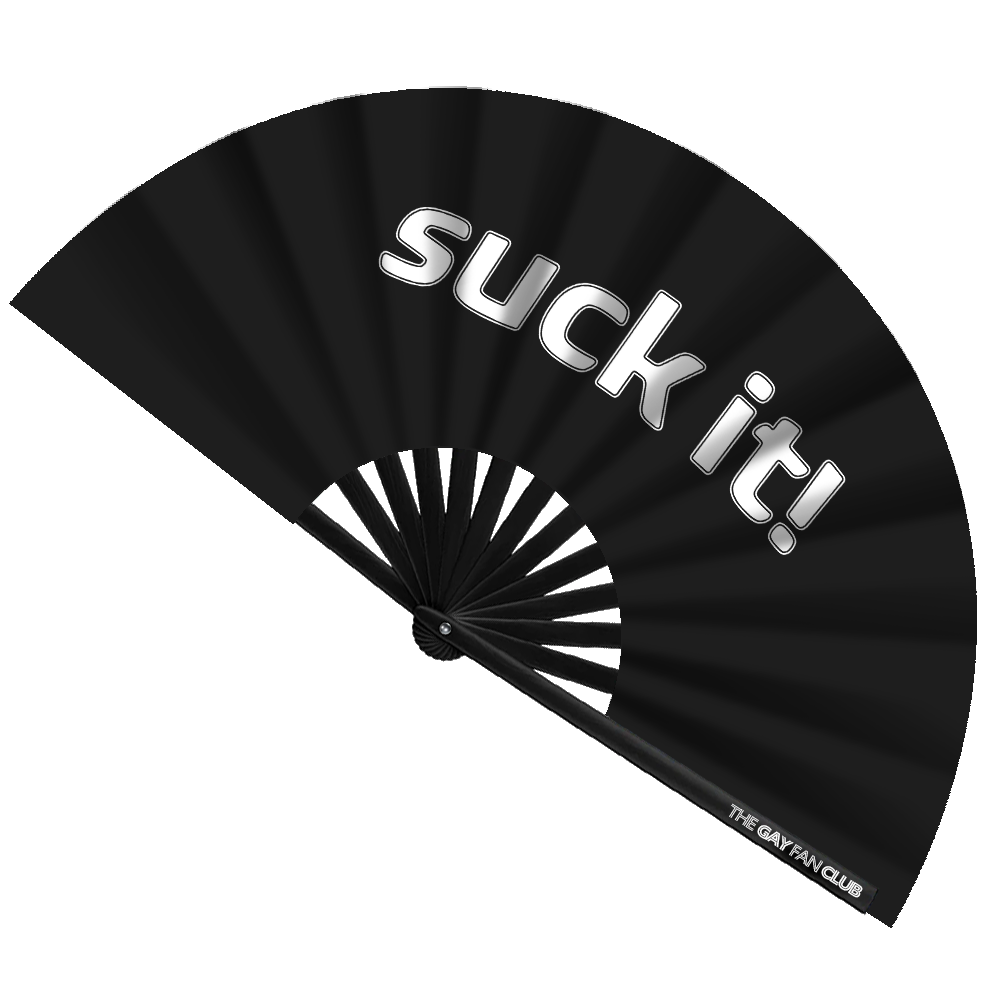 Oversized Black Bamboo Clack Fan with White "Suck It!" Text for Drag Shows and Rave Parties