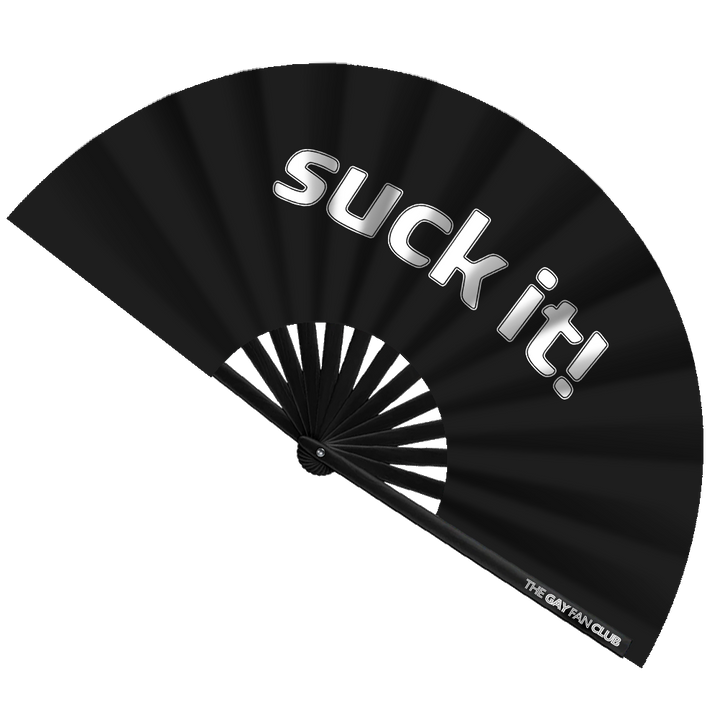Oversized Black Bamboo Clack Fan with White "Suck It!" Text for Drag Shows and Rave Parties
