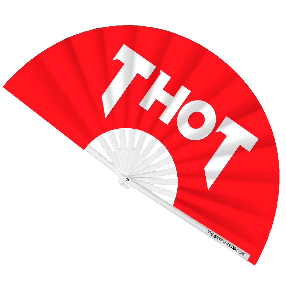 Oversized Red Bamboo Clack Fan with White "THOT" (That Ho Over There) Text for Drag Shows
