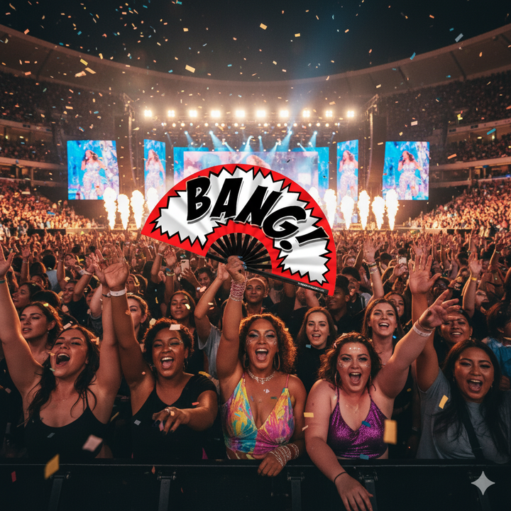 Oversized Red, Black & White "BANG!" Bamboo Clack Fan