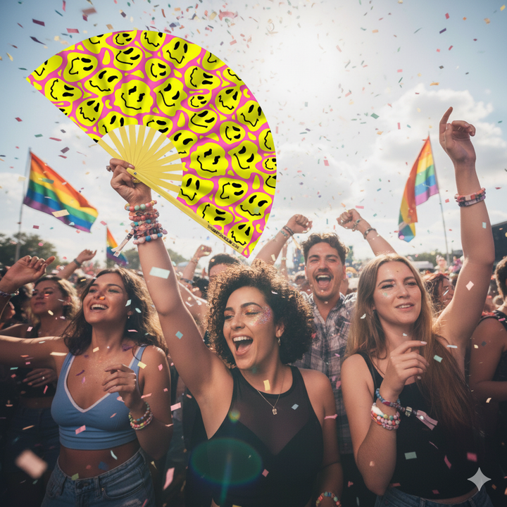 People holding the "FEELS" UV-Reactive Smiley Face Oversized Clack Fan (Neon Pink) at a rave