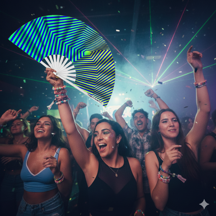 Oversized UV-Reactive Geometric Rave Fan with Electric Green and Deep Blue Stripes