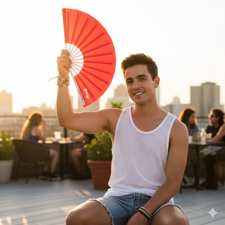 Oversized Deep Red Bamboo Clack Fan for Circuit Parties, Drag Shows, and Festivals