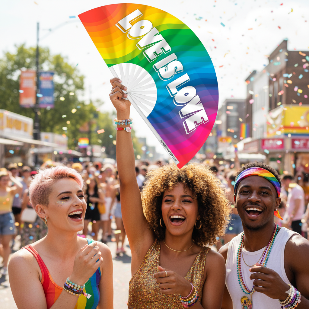 Oversized 'Love Is Love' Rainbow Flag Bamboo Clack Fan for Pride Parades