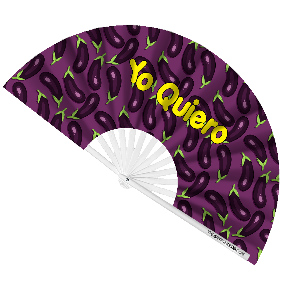 "Yo Quiero" Purple Bamboo Clack Fan with Eggplant Emojis 🍆